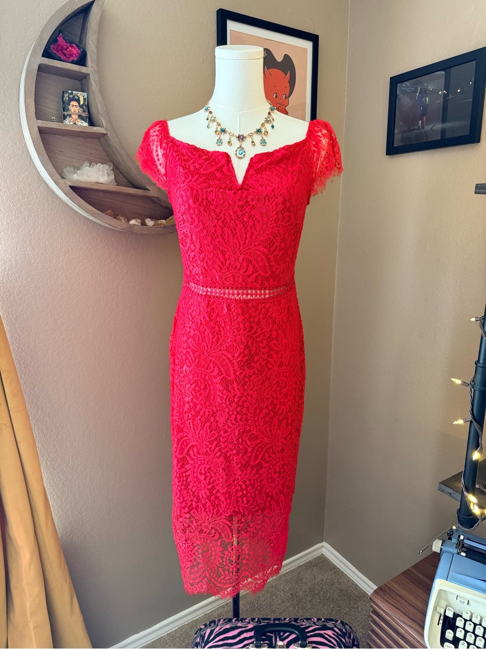 Elegant Red Lace Midi Dress - Classic Women's Cocktail Dress